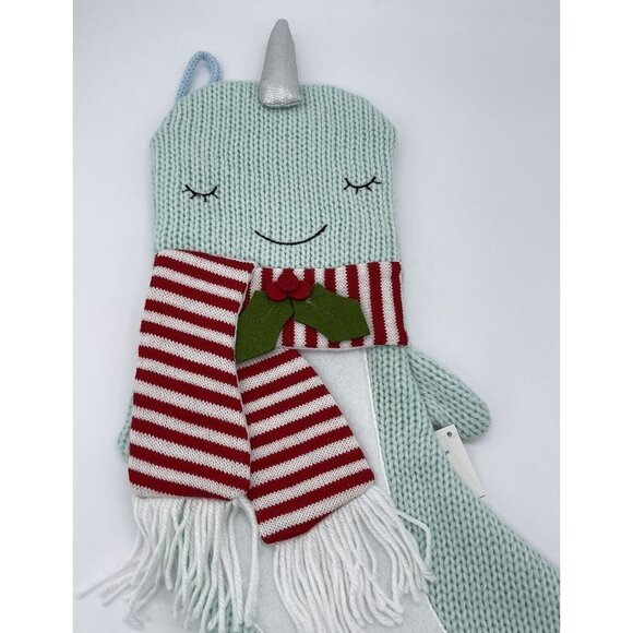 NWT Narwhal Crocheted Christmas Stocking Sparkly Seafoam Green 20" - Picture 3 of 5